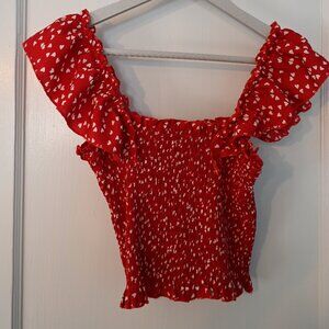 Cute red heart smocked square neck top - size small